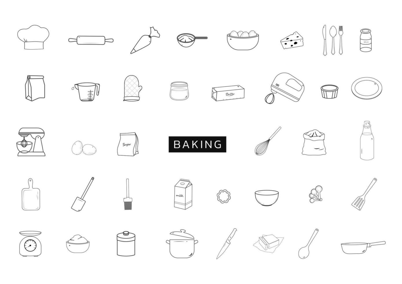 Bakery ingredients and baking tools outline icons vector