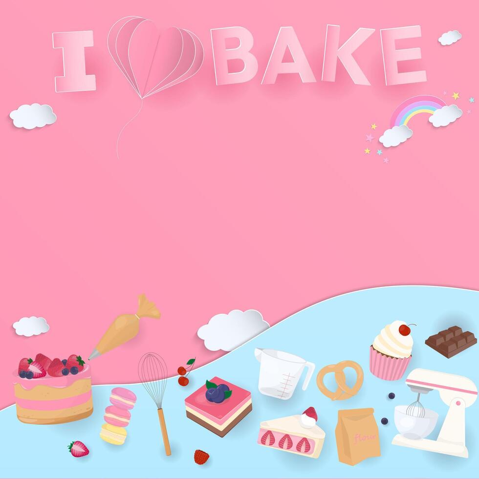 Bakery and baking tools with text on pink background vector