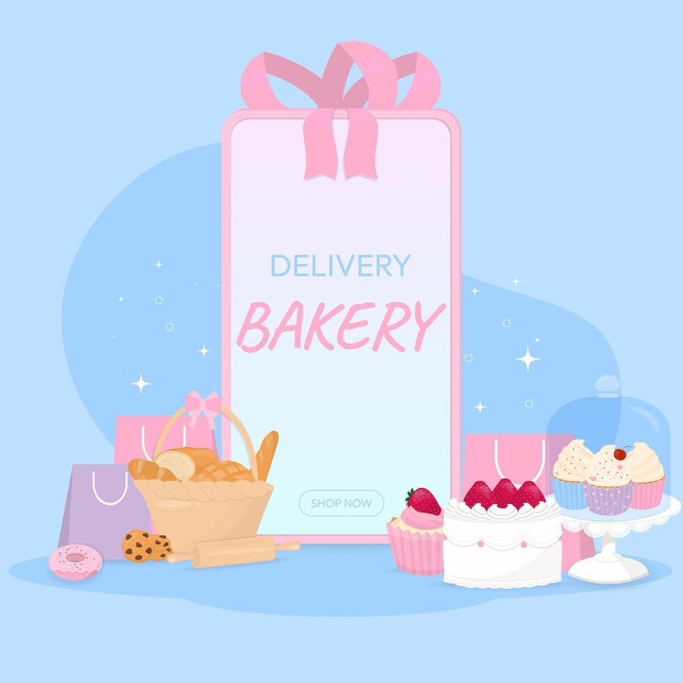 Bakery banner with smartphone and bakery baked goods vector
