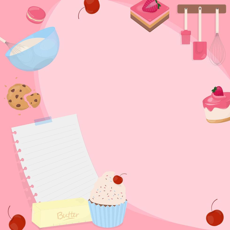 Note paper with bakery and utensils on pink background vector