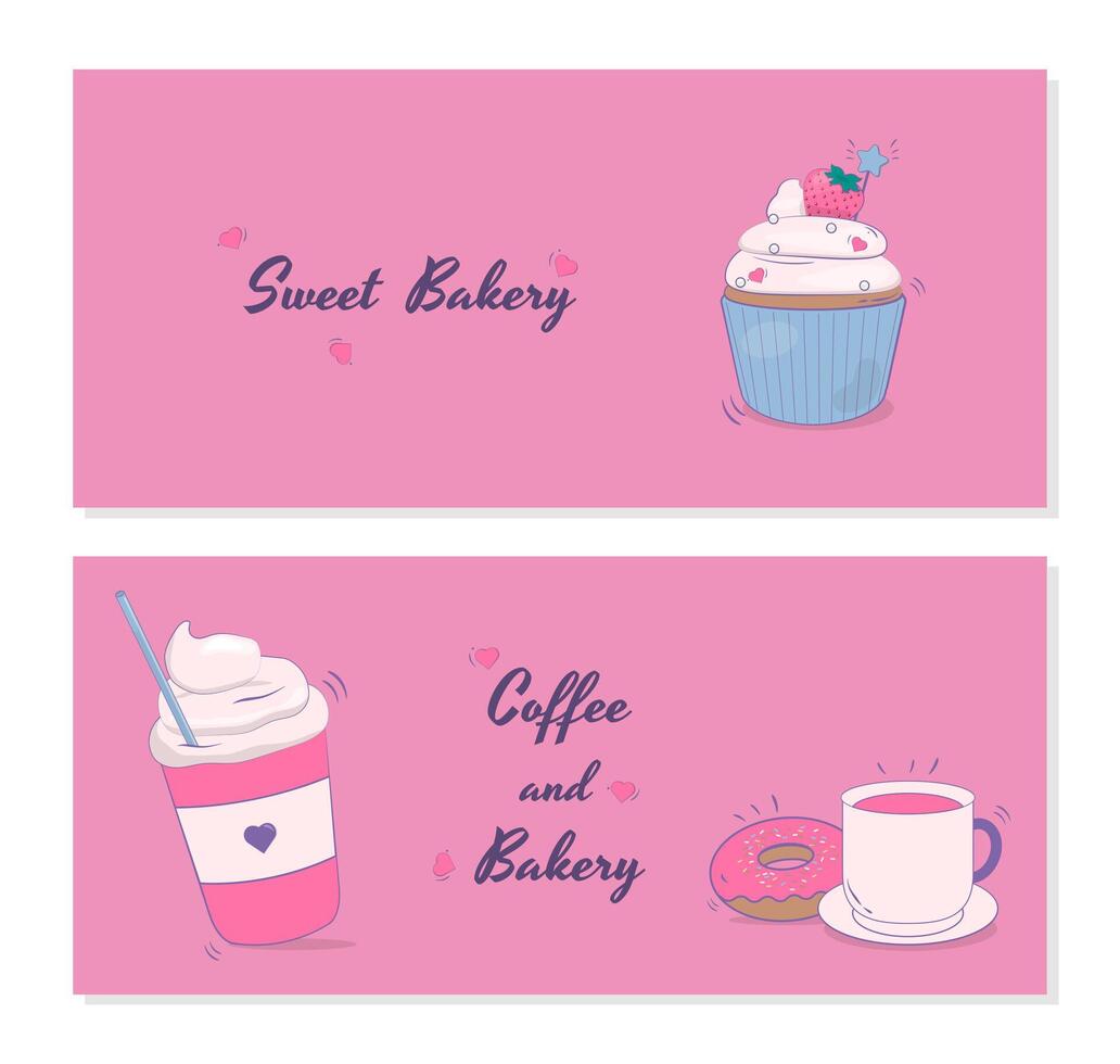 Set of sweet bakery banner with cupcake and coffee vector
