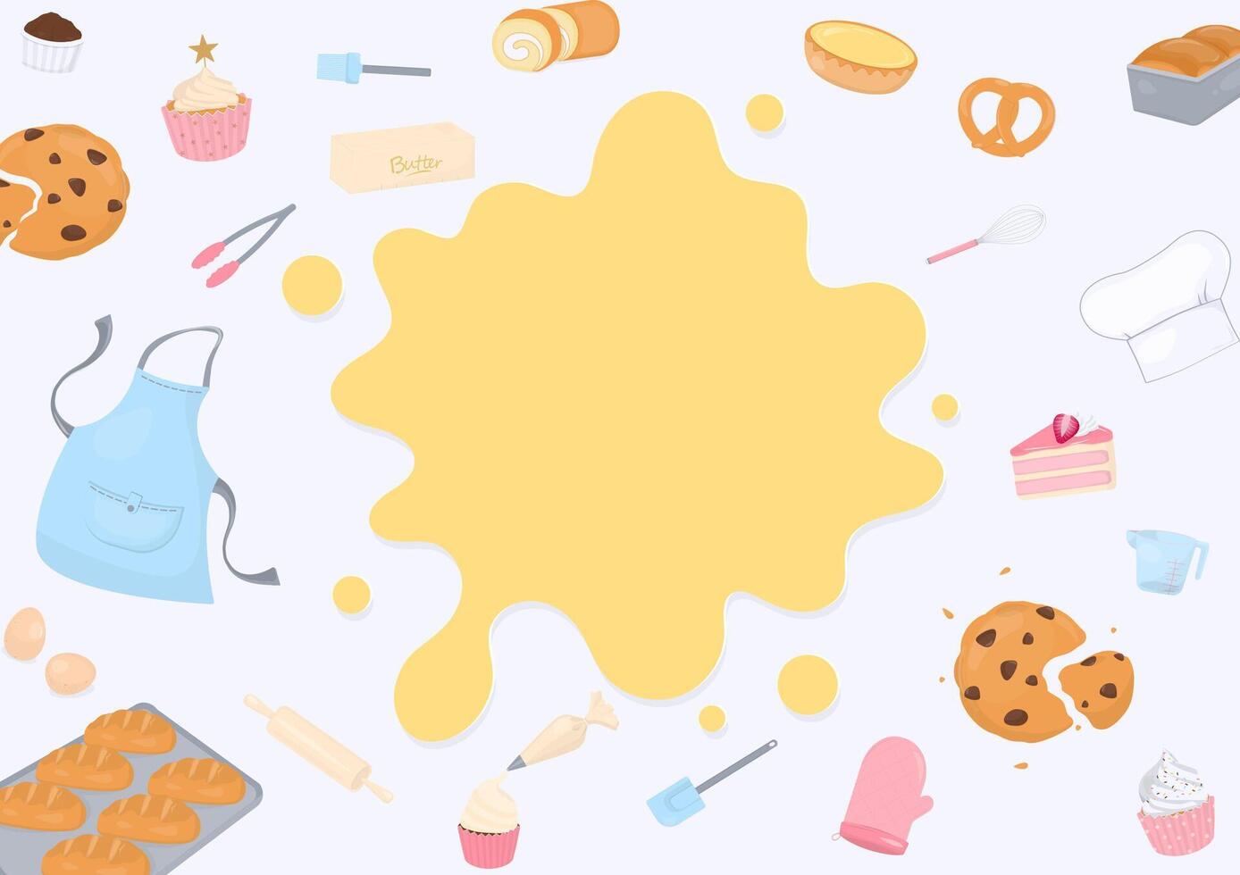 Baking utensils and bakery with yellow liquid shape background vector