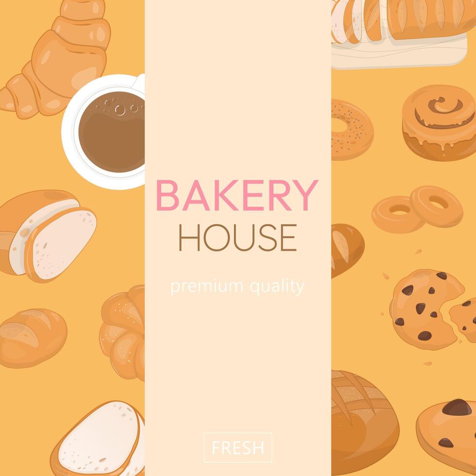 Bakery bread with pastry and coffee template vector
