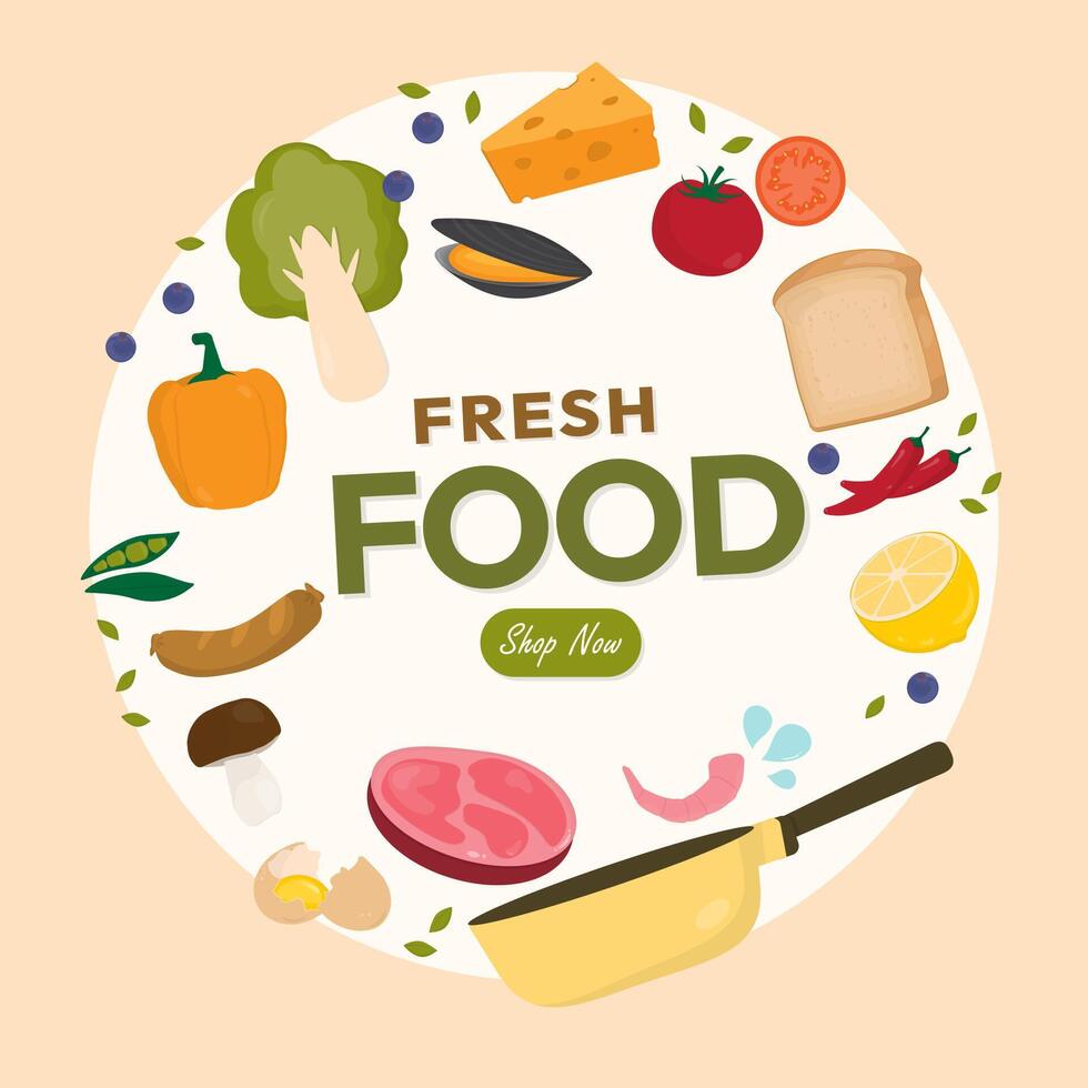 Fresh food banner with ingredient and frying pan vector