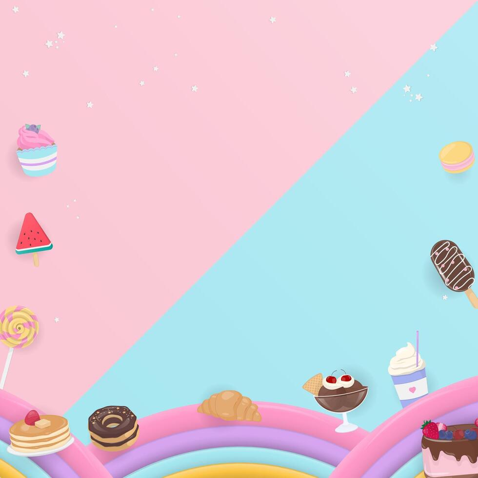 Sweet bakery with rainbow on pastel color background vector