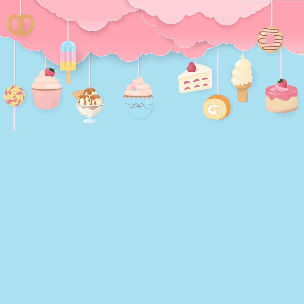 Set of dessert with pink cloud on blue background vector