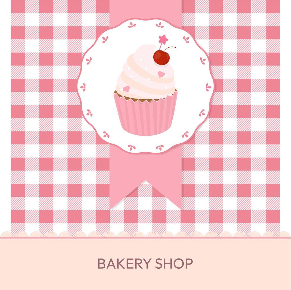 Bakery shop banner with cupcake and pink checkered pattern vector