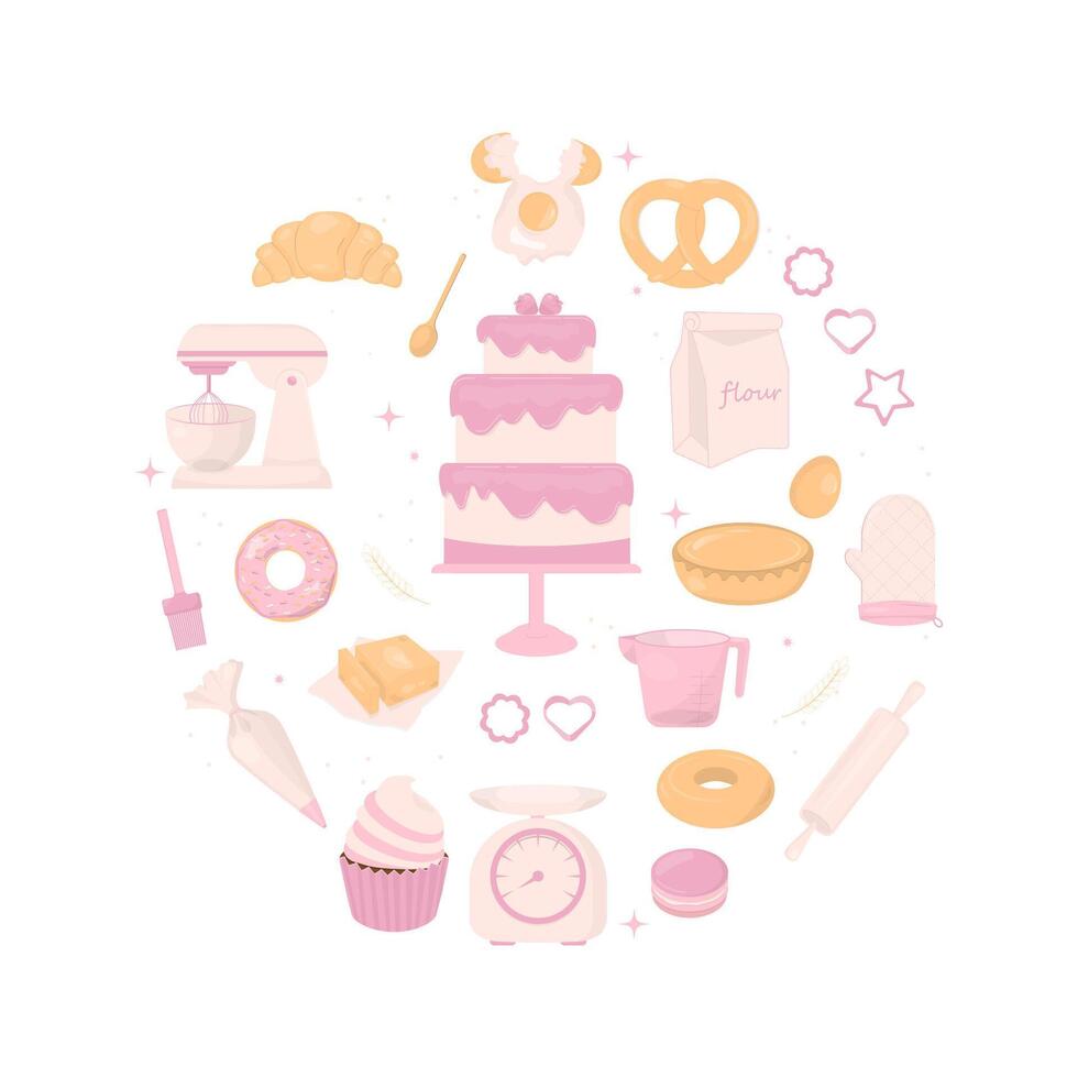 pastel horneando herramientas y panadería vector