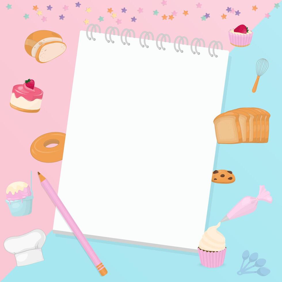 Note paper with bakery on pastel background vector