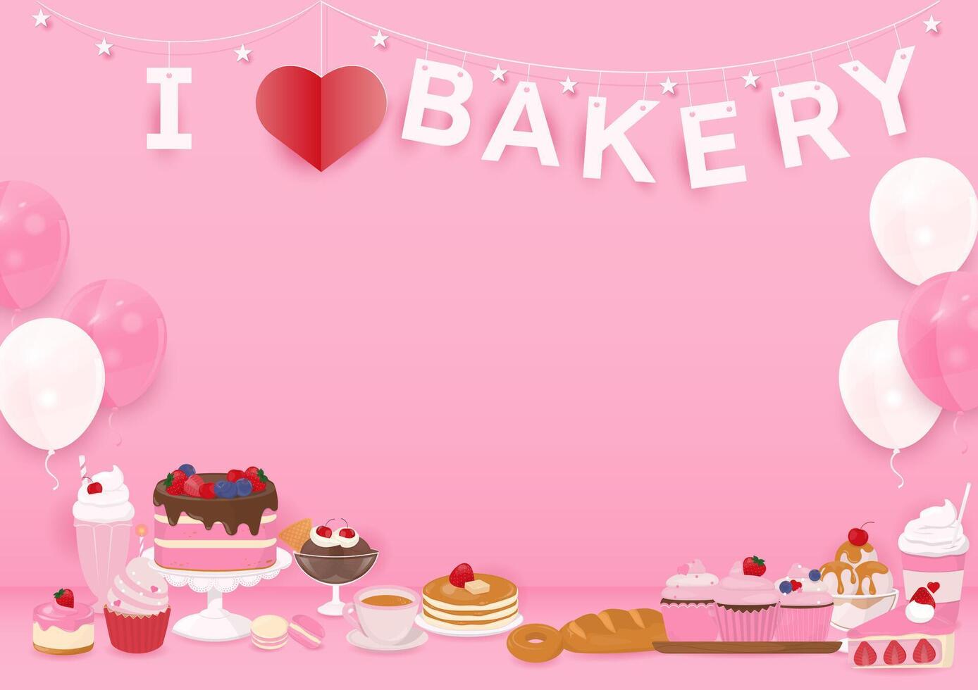 Bakery and helium balloons on pink background vector