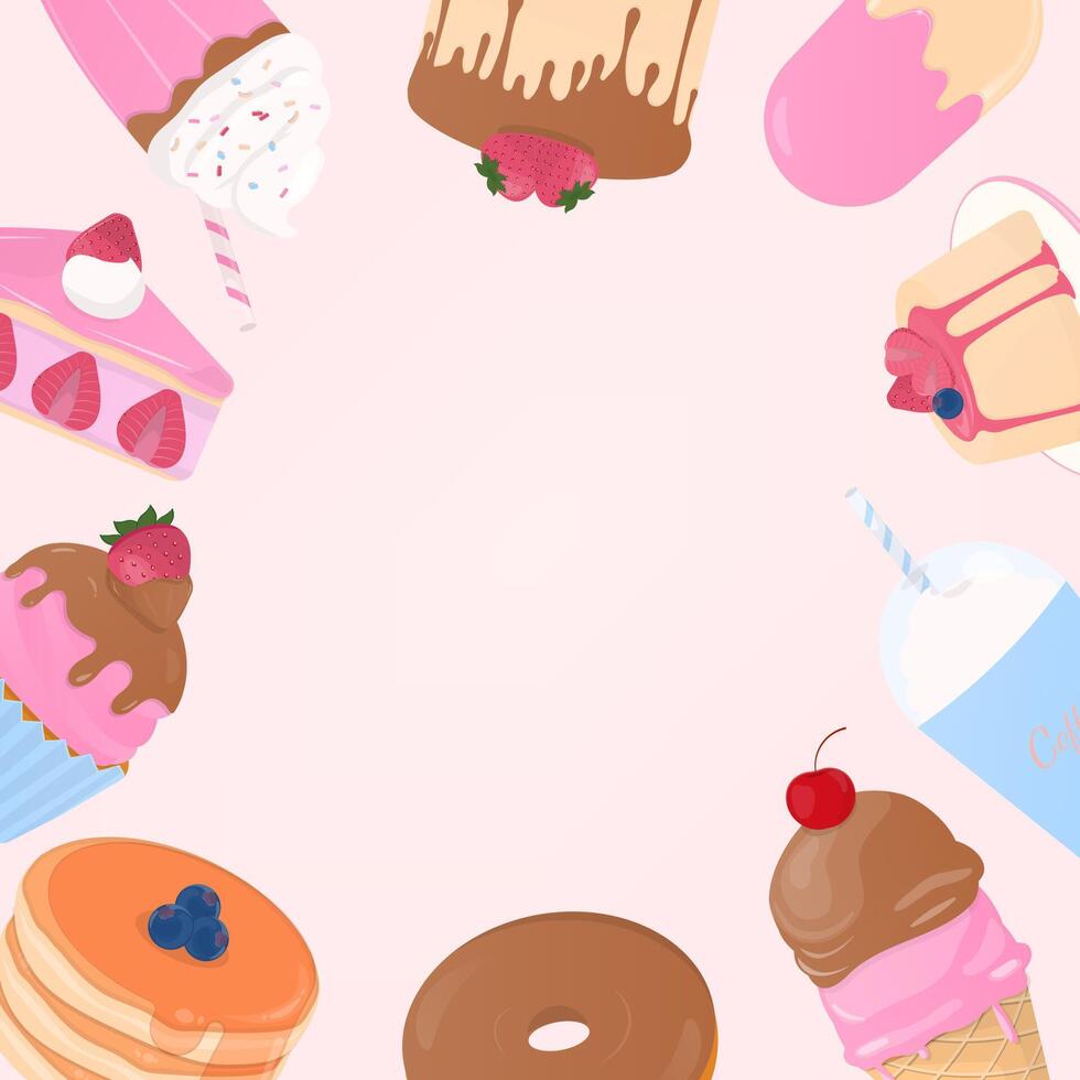 panadería marco con pastel y bebidas vector