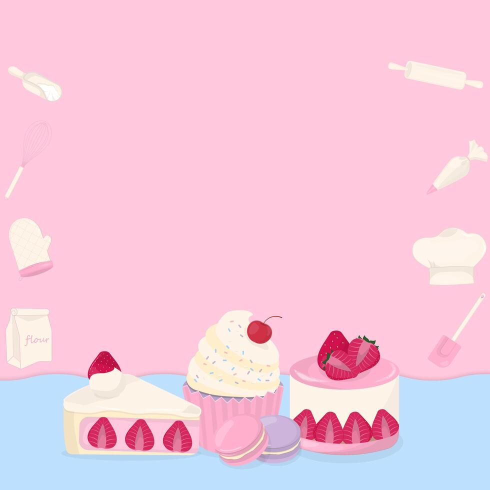Dessert and baking tools with pink background vector