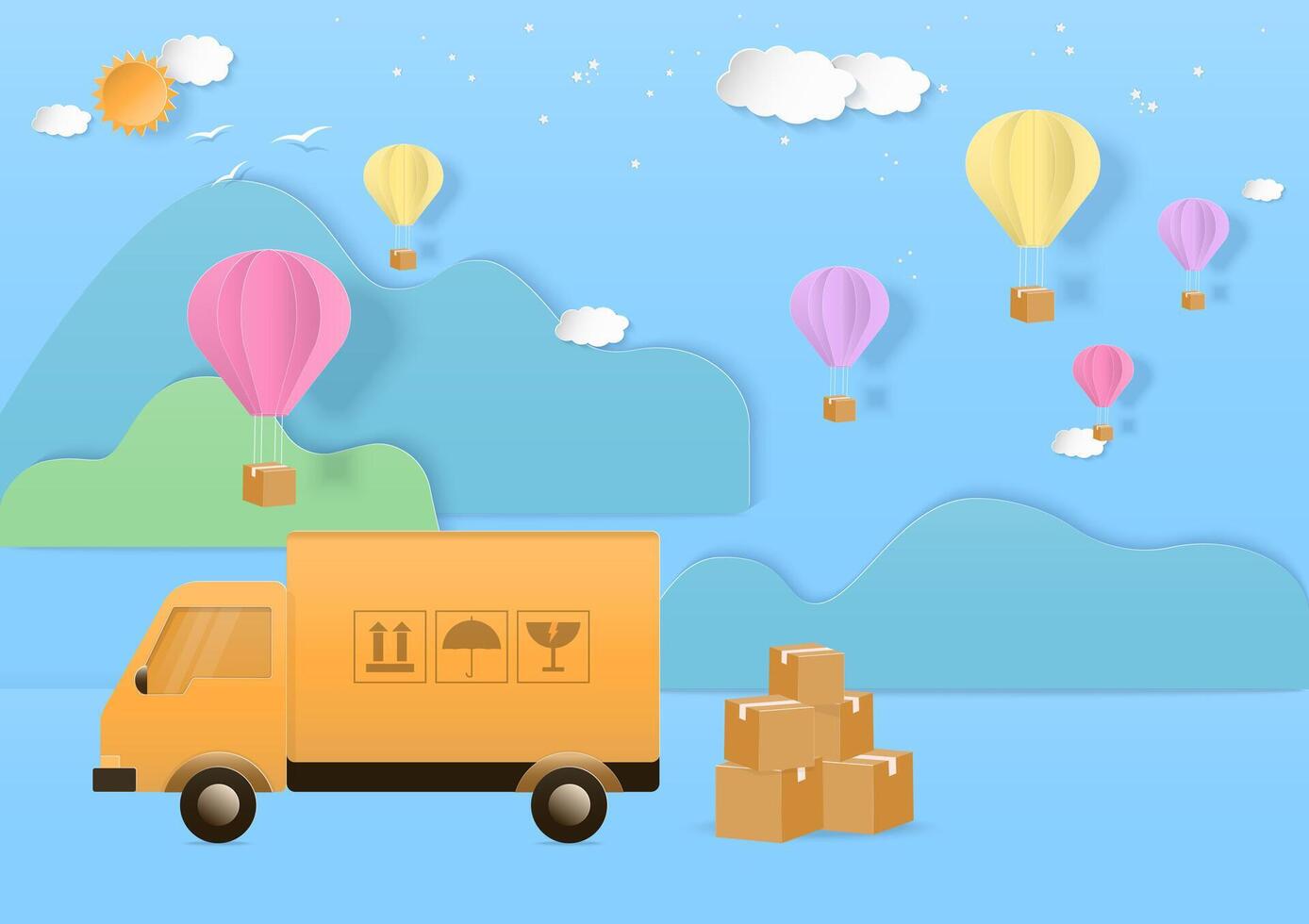 Delivery service with truck and hot air balloon on blue background vector