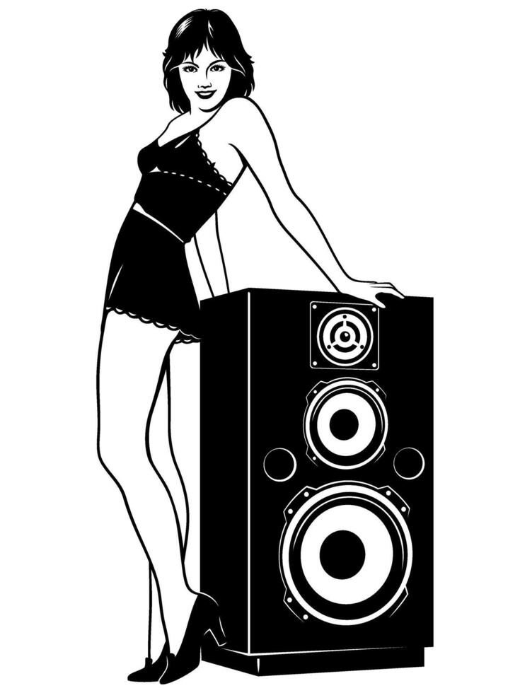 Pinup Girl and Hi Fi Speaker. Vector clipart isolated on white.