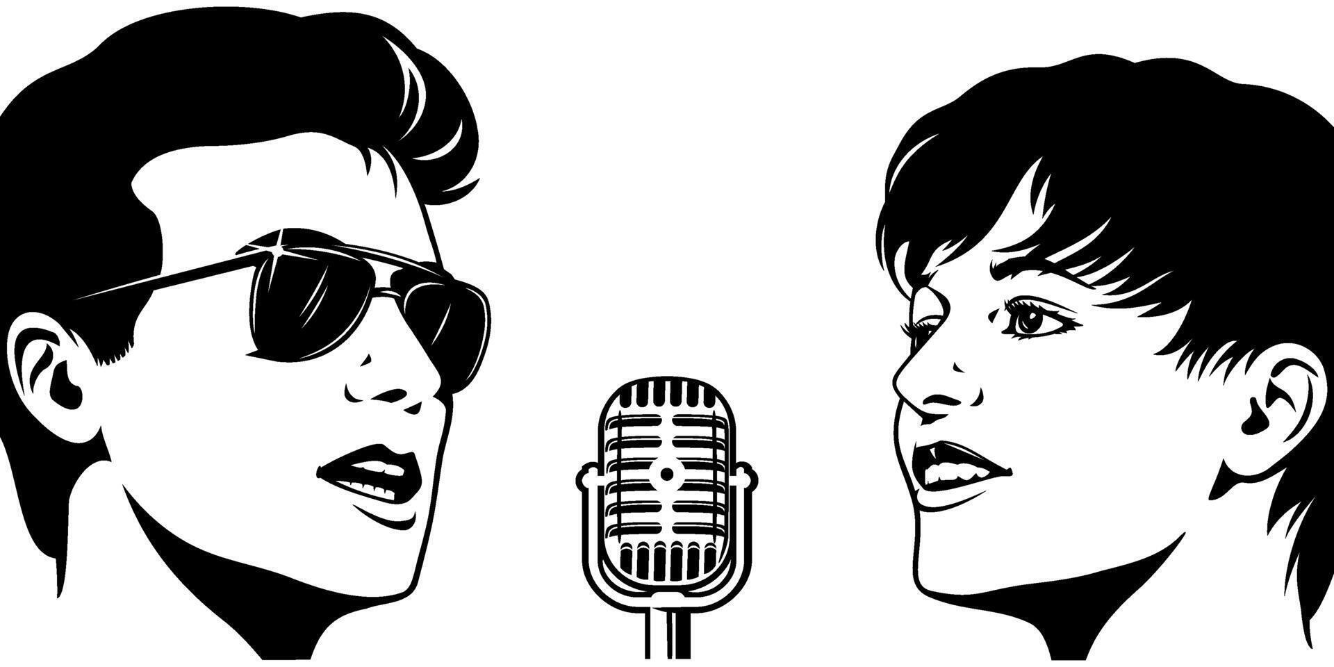 Man and woman singers. Concert, karaoke or music show poster with copy space. Outline ink style vector illustration.