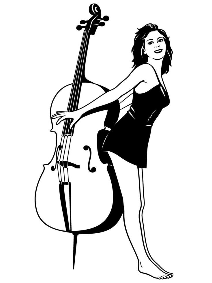 Pin Up Girl with Double Bass. Black and white vector clipart isolated on white.