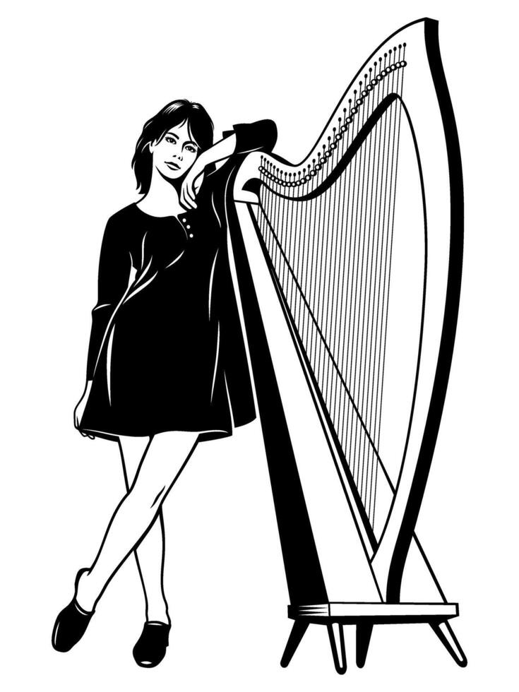 bonito músico mujer con arpa. negro y blanco vector clipart aislado en blanco.