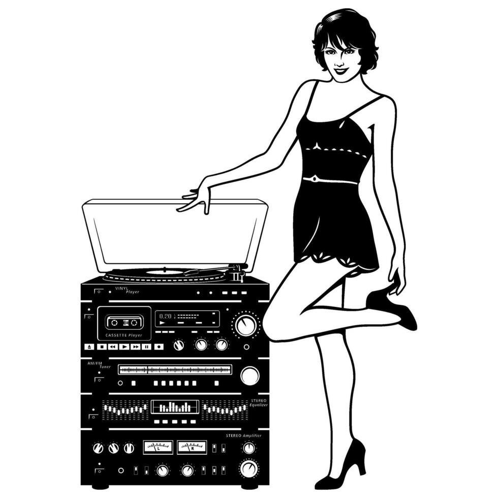 Pretty Woman and Vintage Audio System of Vinyl Player, Audio Cassette Player, Radio Tuner, Equalizer and Stereo Amplifier. vector
