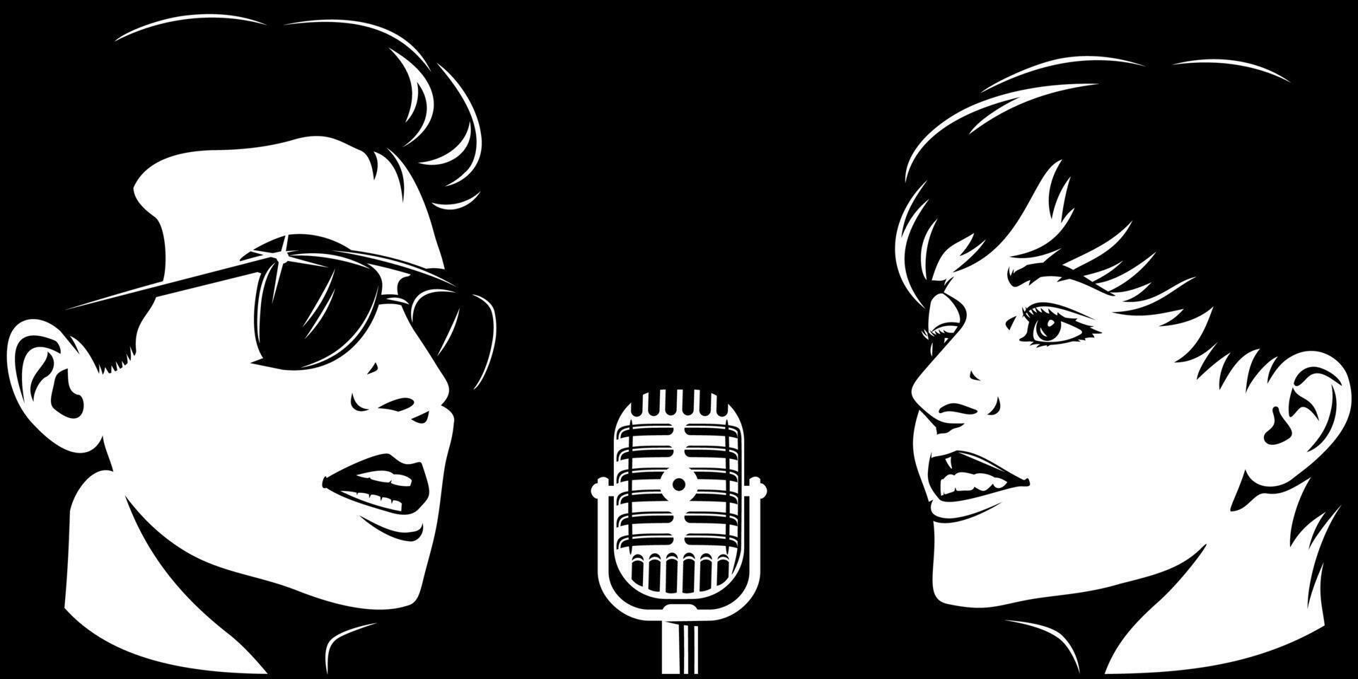 hombre y mujer cantantes. concierto, karaoke o música espectáculo póster con Copiar espacio. vector ilustración.