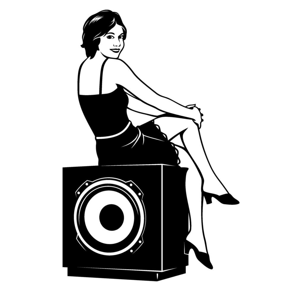 Pretty Woman Sitting on a Subwoofer. Vector clipart isolated on white.