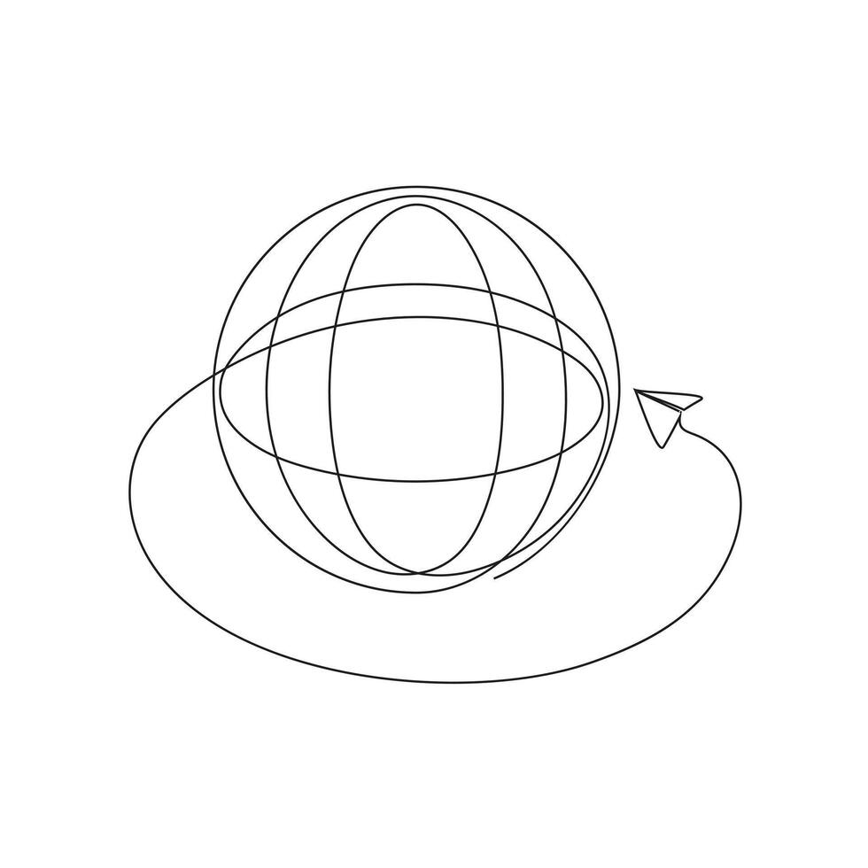 Globe, planet earth sign line continuous drawing vector. One line Globe, planet earth vector background. Flying airplane icon design about airplane transportation, airplane travel.