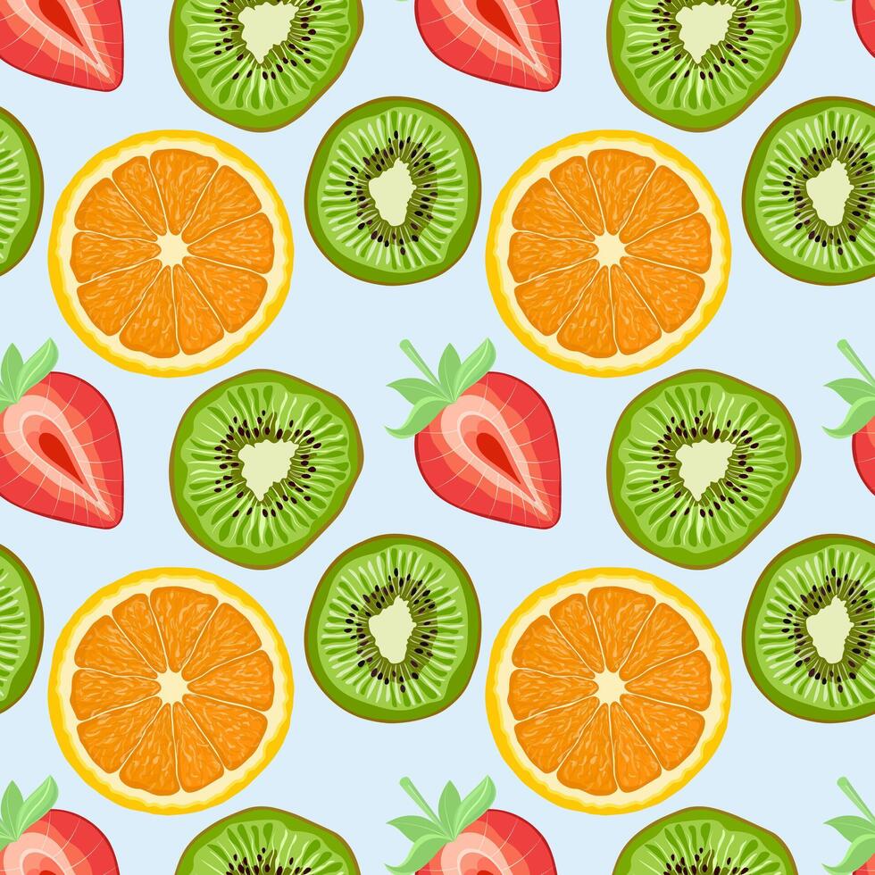 Seamless fruit pattern. Background with fresh slices of green kiwi, red strawberry and orange. Colorful vector illustration on a blue background.