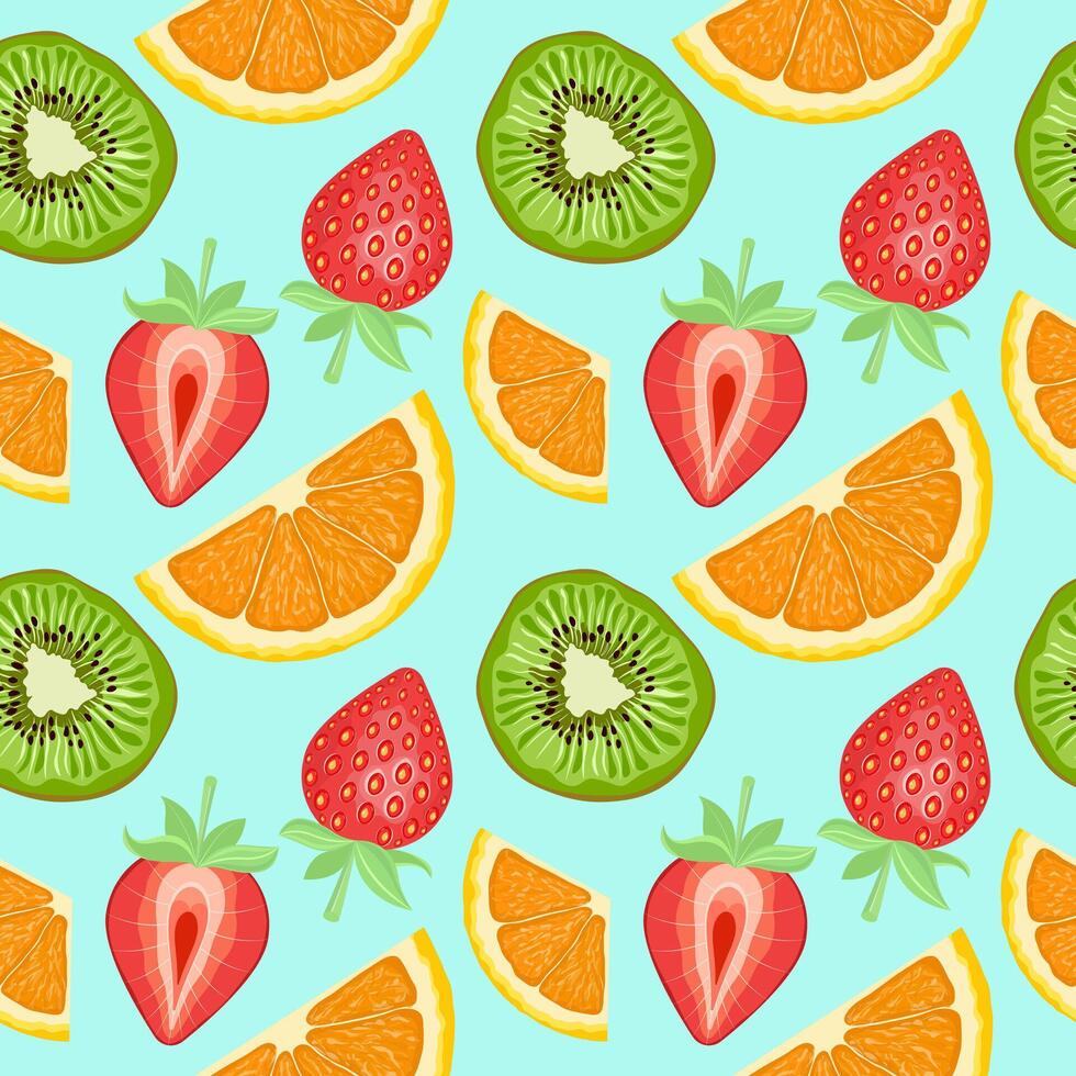 Seamless fruit pattern. Background with fresh slices of green kiwi, red strawberry and orange. Colorful vector illustration on a blue background.