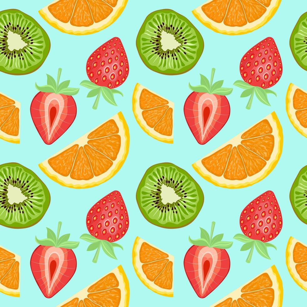 sin costura Fruta modelo. antecedentes con Fresco rebanadas de verde kiwi, rojo fresa y naranja. vistoso vector ilustración en un azul antecedentes.