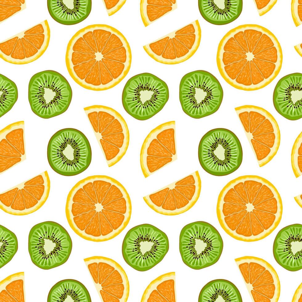 Seamless fruit pattern. Background with fresh slices of green kiwi and orange. Colorful vector illustration on a blue background.