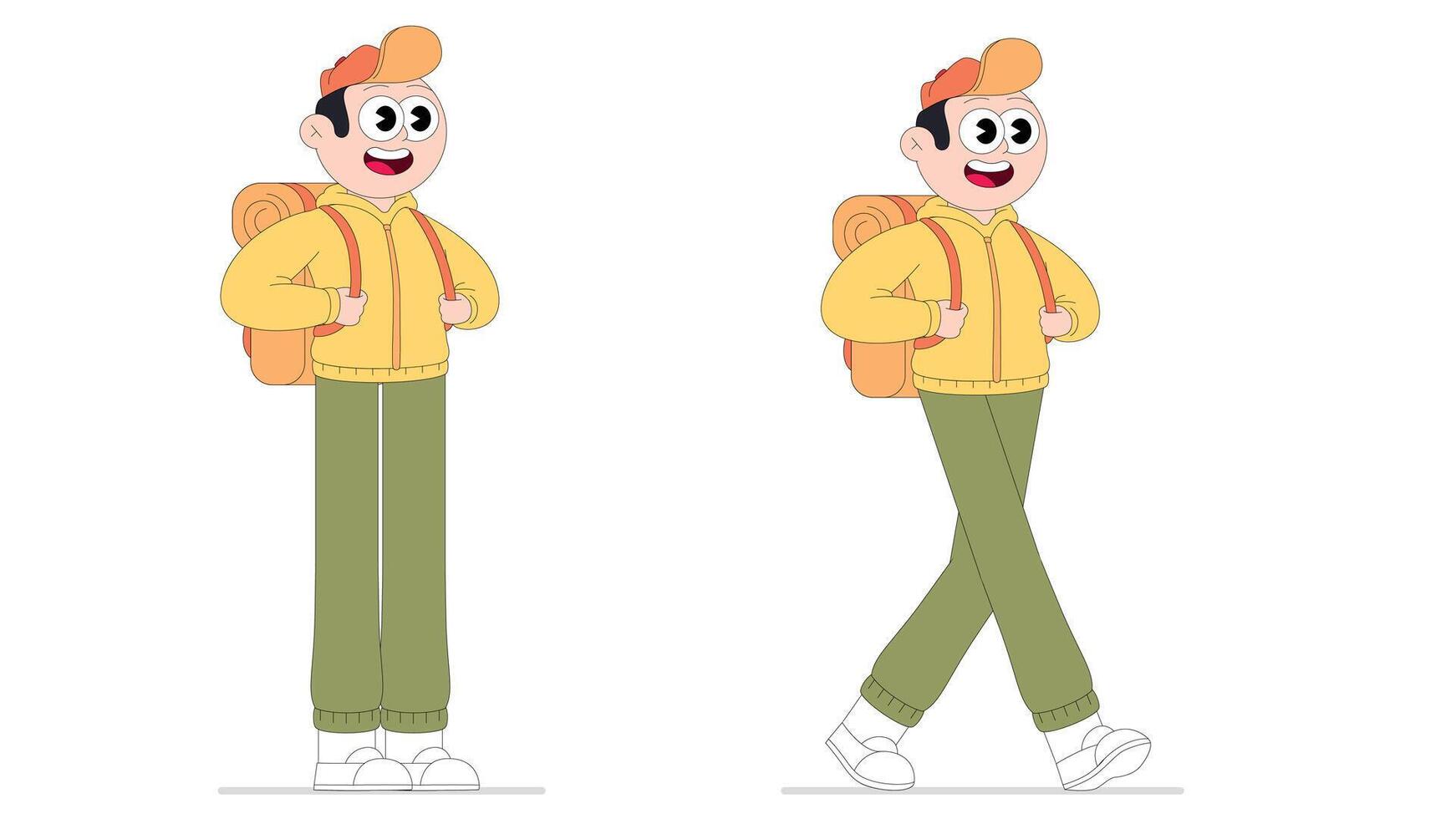 Young tourist boy with backpack in standing and walking pose, vector illustration.