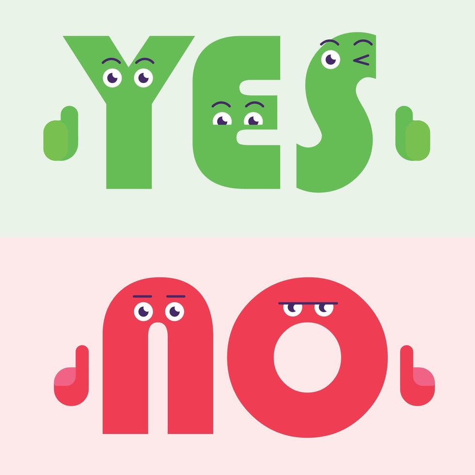 Yes and No cartoon text with expression. vector illustration