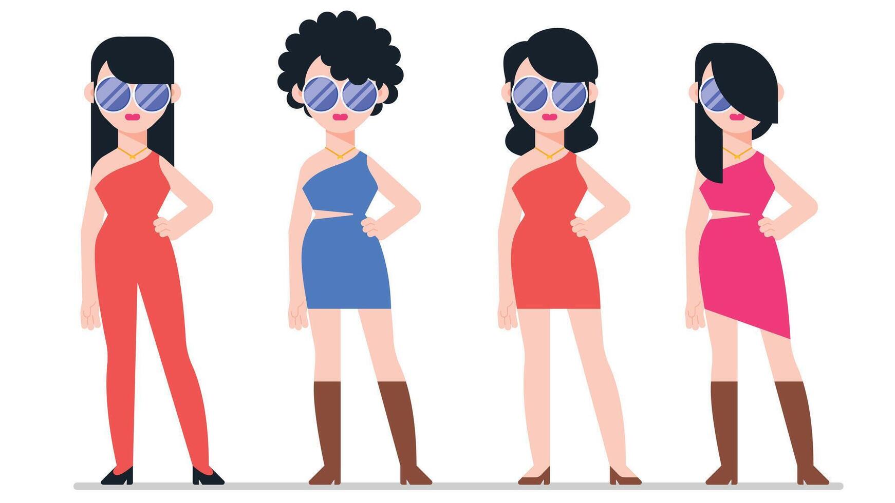 Modern girl in different outfits and hairstyles. flat style vector illustration