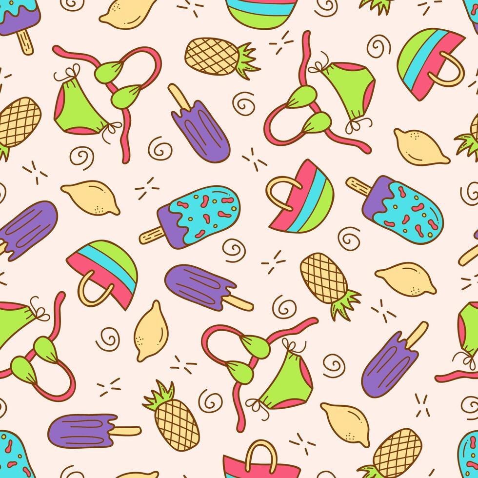 Seamless summer pattern in cartoon style with ice cream, lemon, swimsuit, pineapple and beach bag. Creative texture for fabric, paper. vector