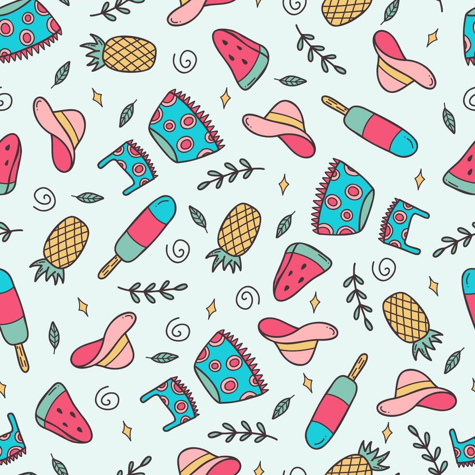 Seamless pattern with pineapple, watermelon, ice, skirt, top, and hat. Summer cute background. For print, postcard, design menu, textile, poster, textile or advertising. Stock vector illustration.