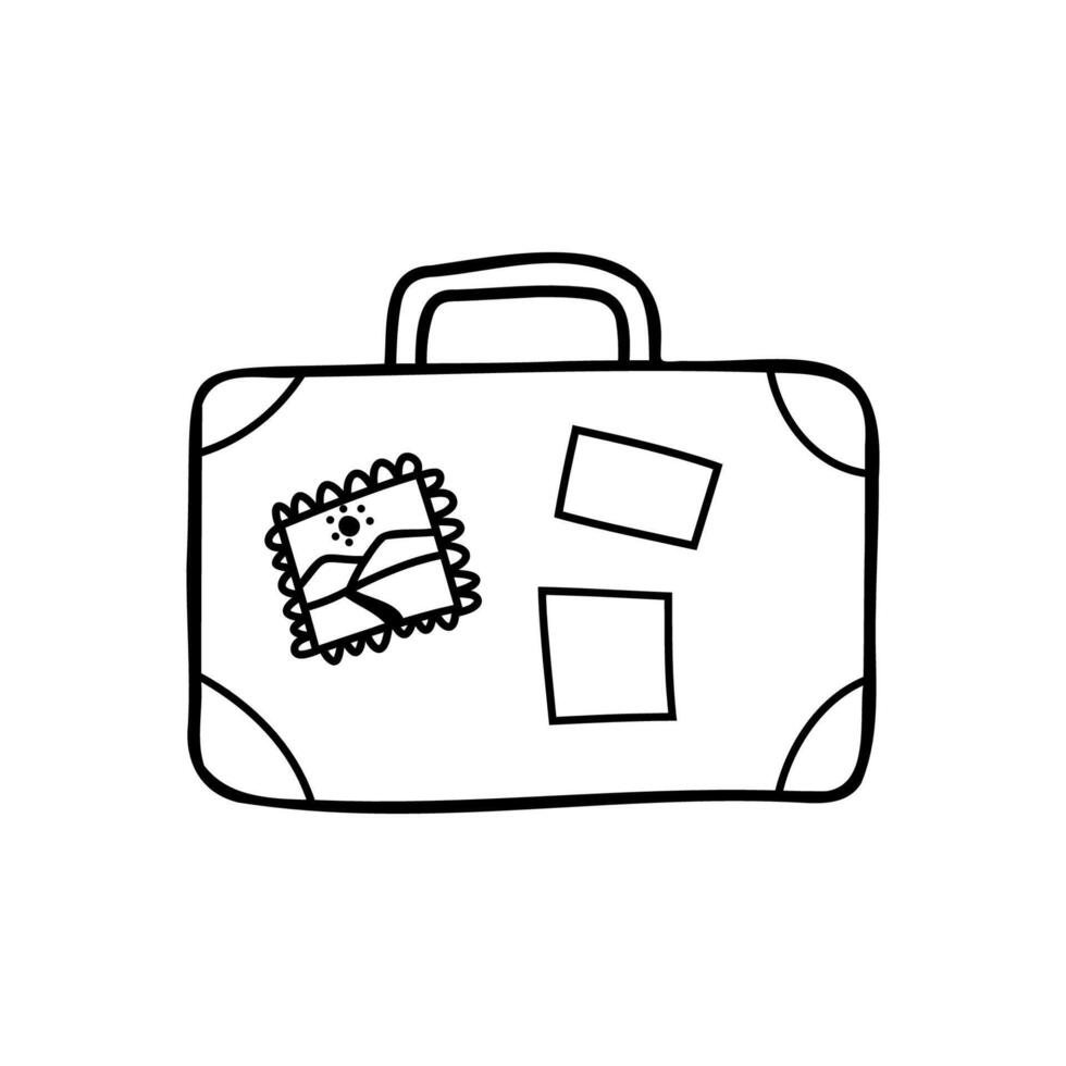 Vector black and white suitcase clipart in doodle style. Stock isolated illustration on white background. Perfect for cards, logo, decorations, spring and summer designs.