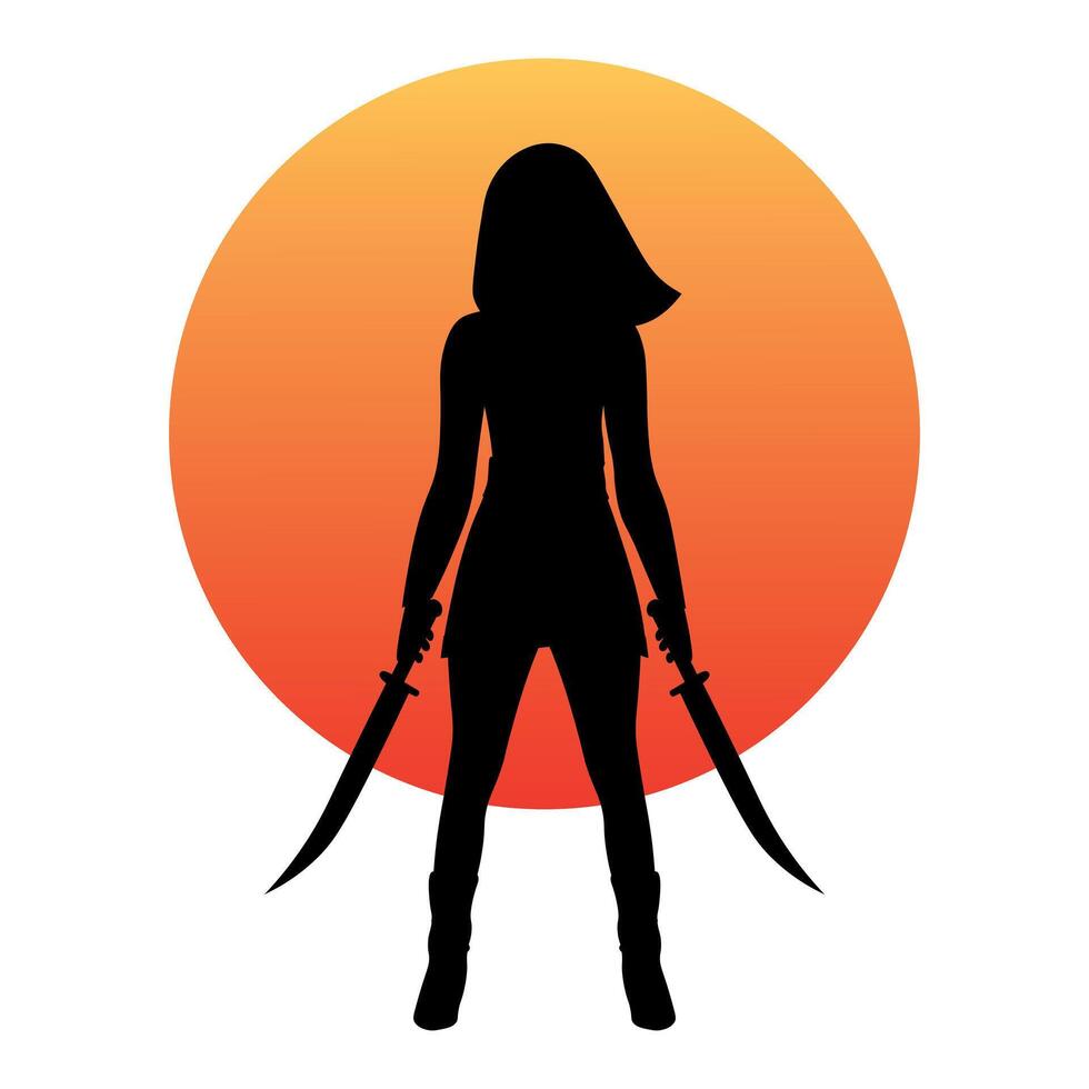 Silhouette Warrior woman with swords on a background red sun. Vector