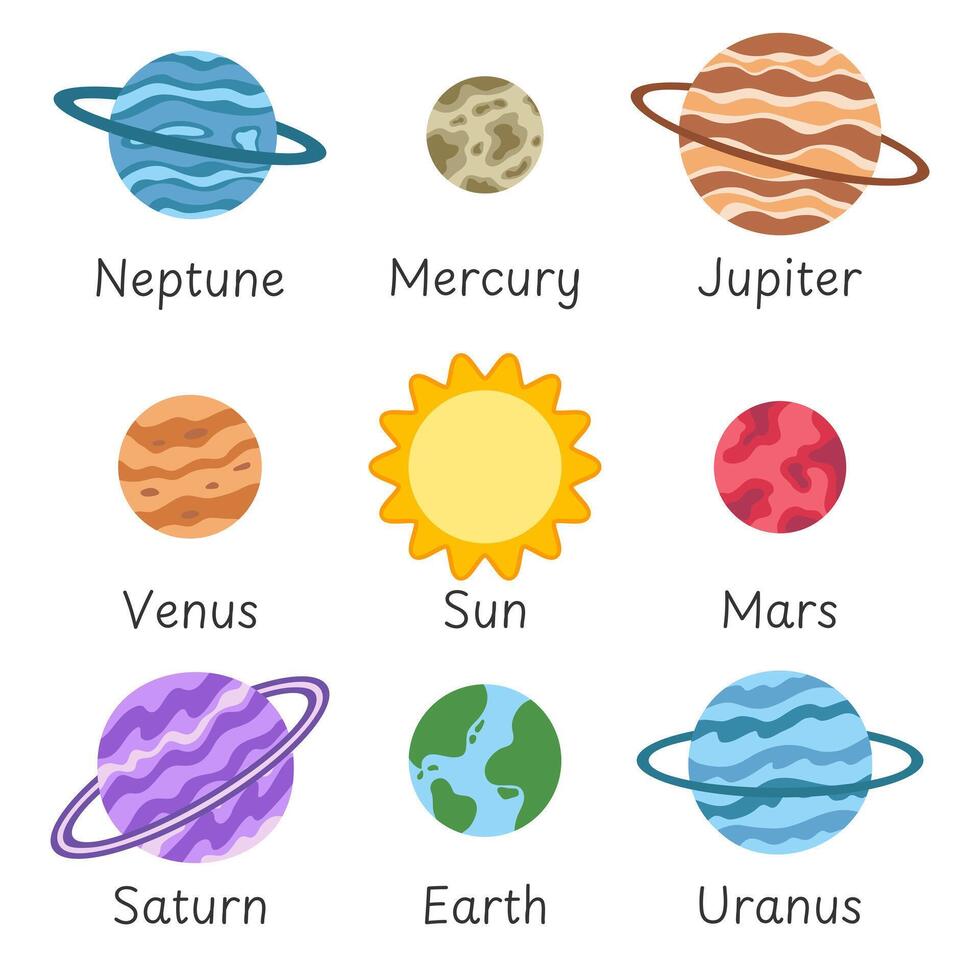 Planets of the solar system with names. Vector illustration.