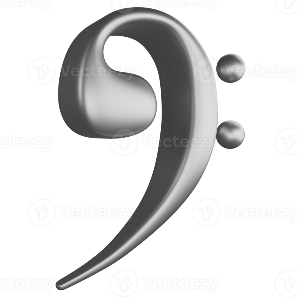 Bass clef or F clef note side view metallic silver clipart flat design icon isolated on transparent background, 3D render entertainment and music concept png