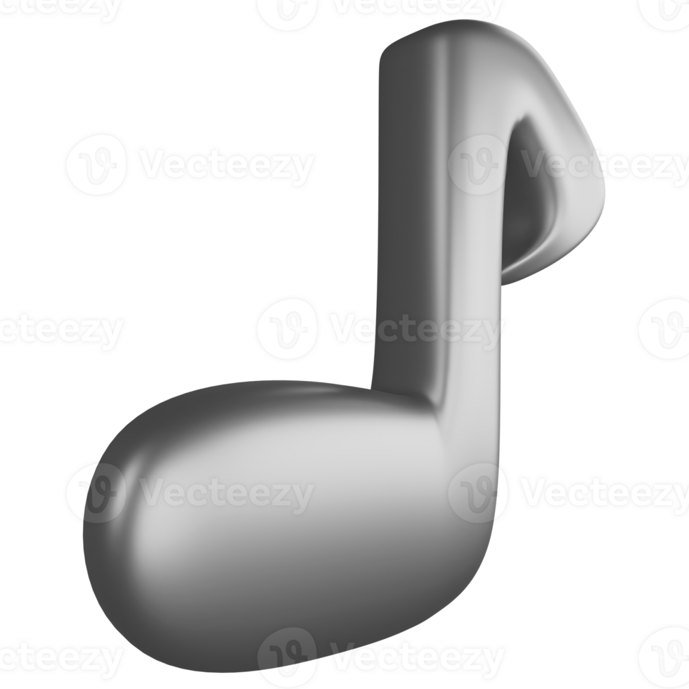 Quaver or eighth note side view metallic silver clipart flat design icon isolated on transparent background, 3D render entertainment and music concept png