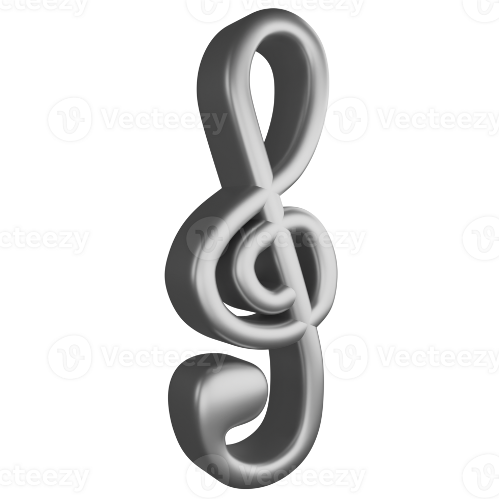 Treble clef or G clef note side view metallic silver clipart flat design icon isolated on transparent background, 3D render entertainment and music concept png