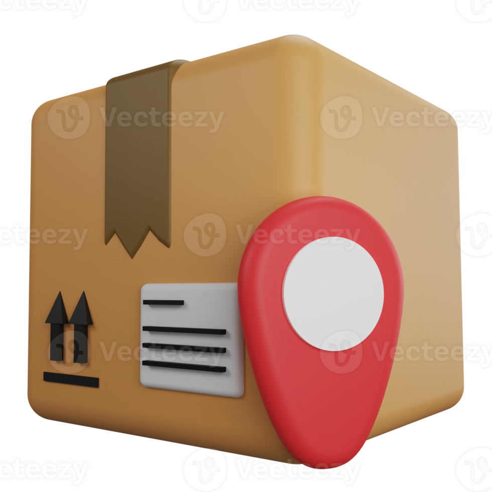 GPS pin on parcel box clipart flat design icon isolated on transparent background, 3D render logistic and delivery concept png