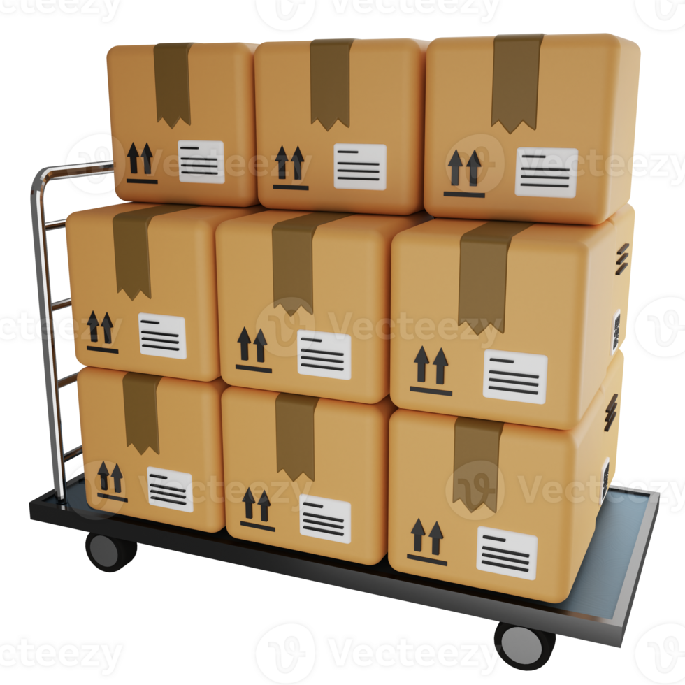 Parcel box on cart clipart flat design icon isolated on transparent background, 3D render logistic and delivery concept png