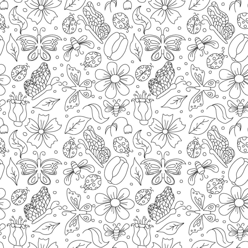 Spring floral pattern with butterflies, bees and ladybugs. Seamless flowers background vector