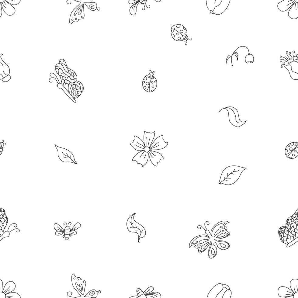 Spring floral pattern with butterflies, bees and ladybugs. Seamless flowers background vector