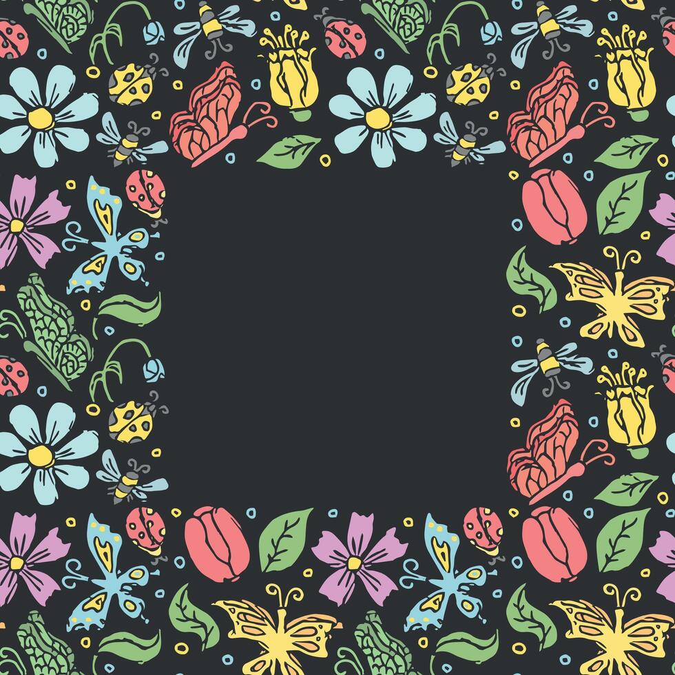 Spring floral frame with flowers, butterflies, bees and ladybugs. Seamless flowers background vector