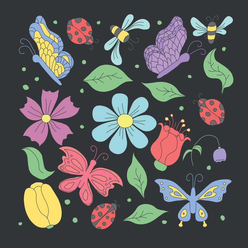 Spring floral illustration with flowers, butterflies, bees and ladybugs. Doodle flowers background vector