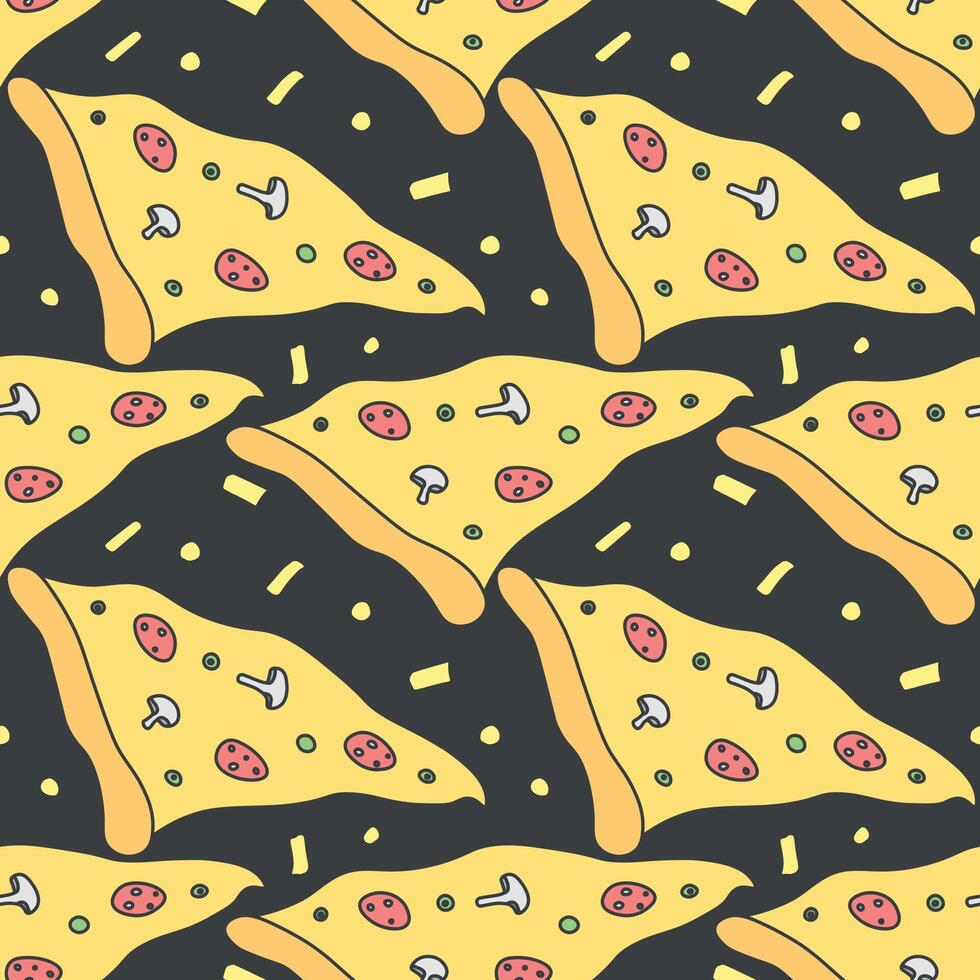 Seamless pizza pattern. Black and white pizza background. Doodle vector pizza illustration. Fast food vector pattern
