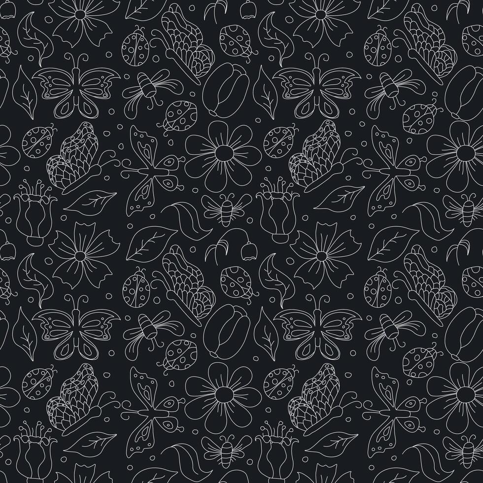 Spring floral pattern with butterflies, bees and ladybugs. Seamless flowers background vector