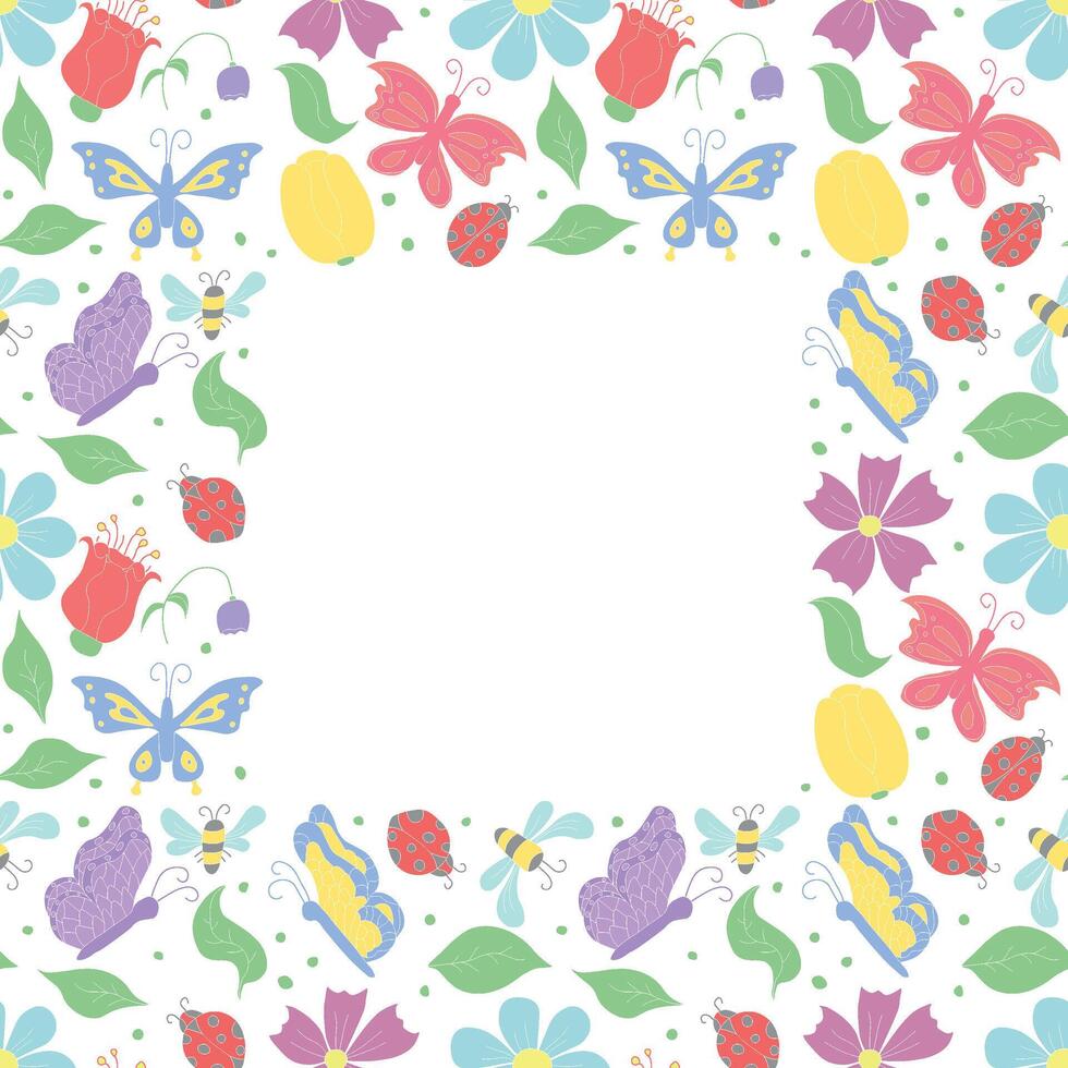 Spring floral frame with butterflies, bees and ladybugs. Seamless flowers background vector