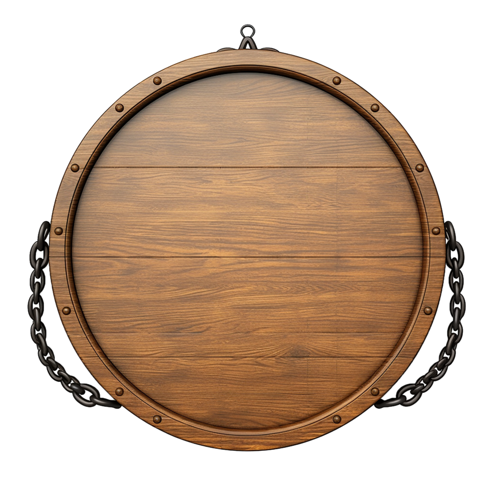 AI generated Empty Circular Wooden Sign With Chains 3D Element png isolated on transparent background